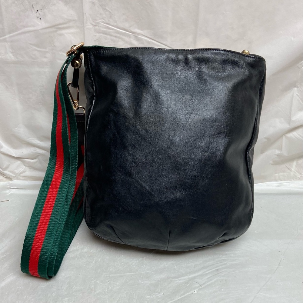 Vintage Gucci Italy Black Leather Drawstring Pouch w/Sherry Line Crossbody Strap - Picture 12 of 12